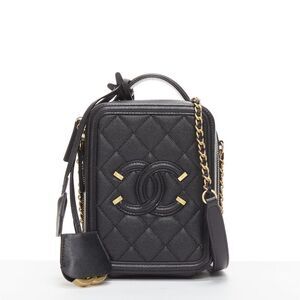 CHANEL N/S Vanity Vertical black filigree gold CC logo small crossbody bag